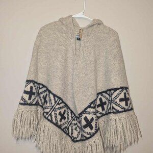 Ralph Lauren Wool Hooded Poncho Sweater Hand Knit Pullover Fringe One Size
